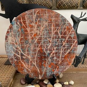 Signed glass 12” decorative Plate with tree design, terracotta organic colors